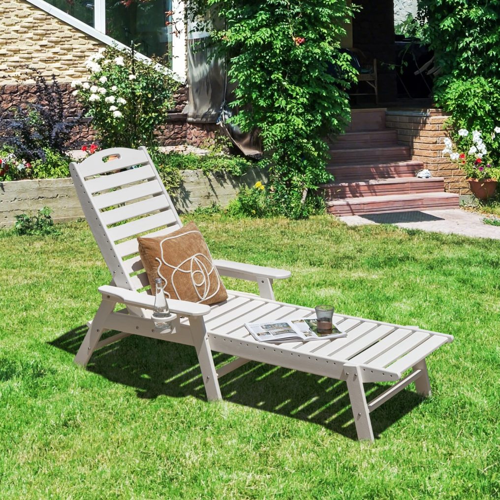 Patio Lounge Chair Chaise Adjustable Back Weatherproof HDPE Cup Holder