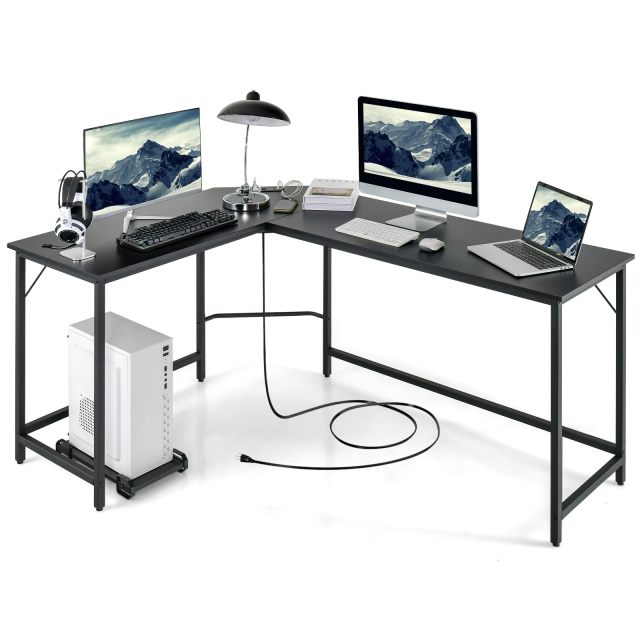 L-Shaped Desk with CPU Stand 66 Inch Wooden Top Space-Saving Corner Desk w/Metal Frame