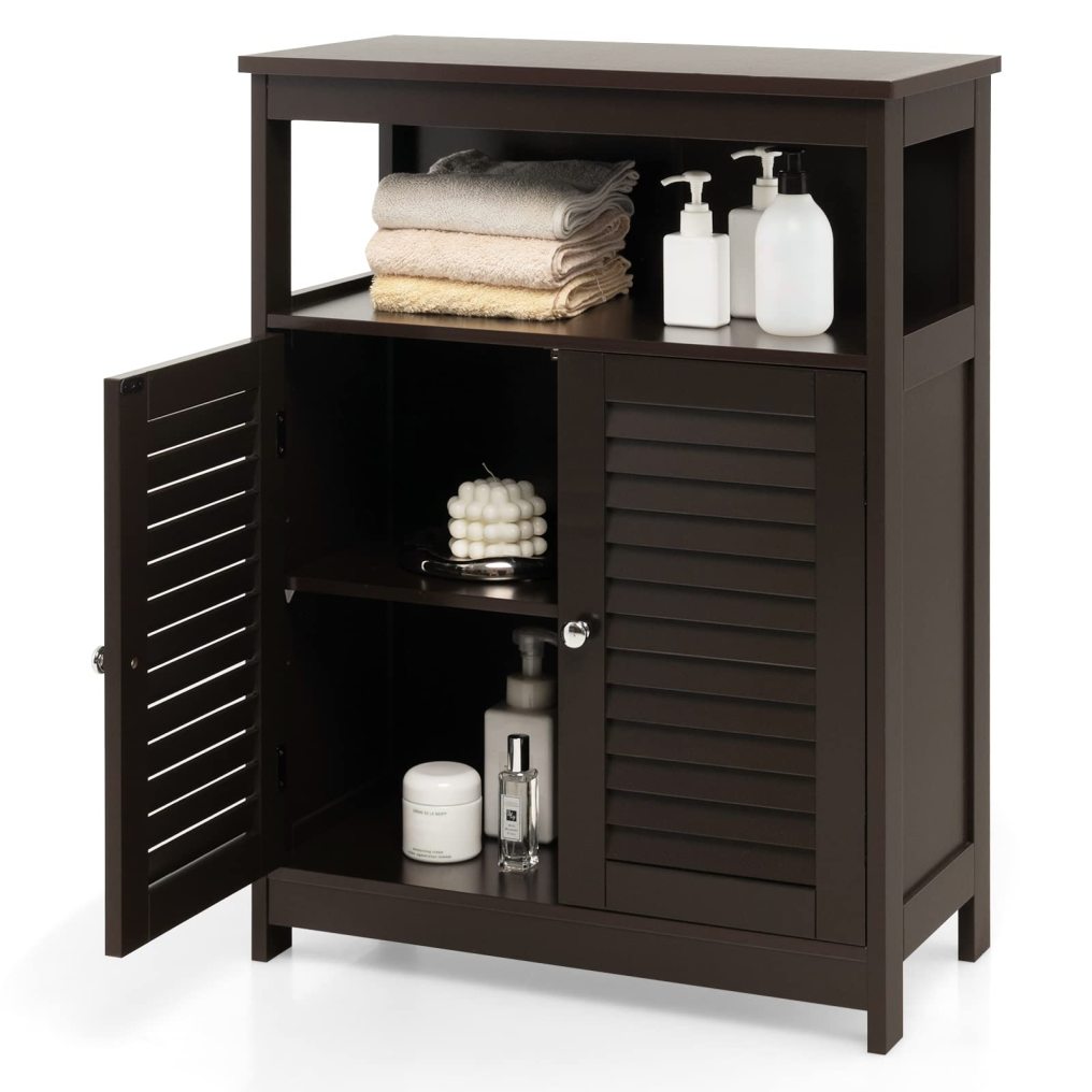 Wooden Side Storage Organizer with Louver Doors & Removable Shelf