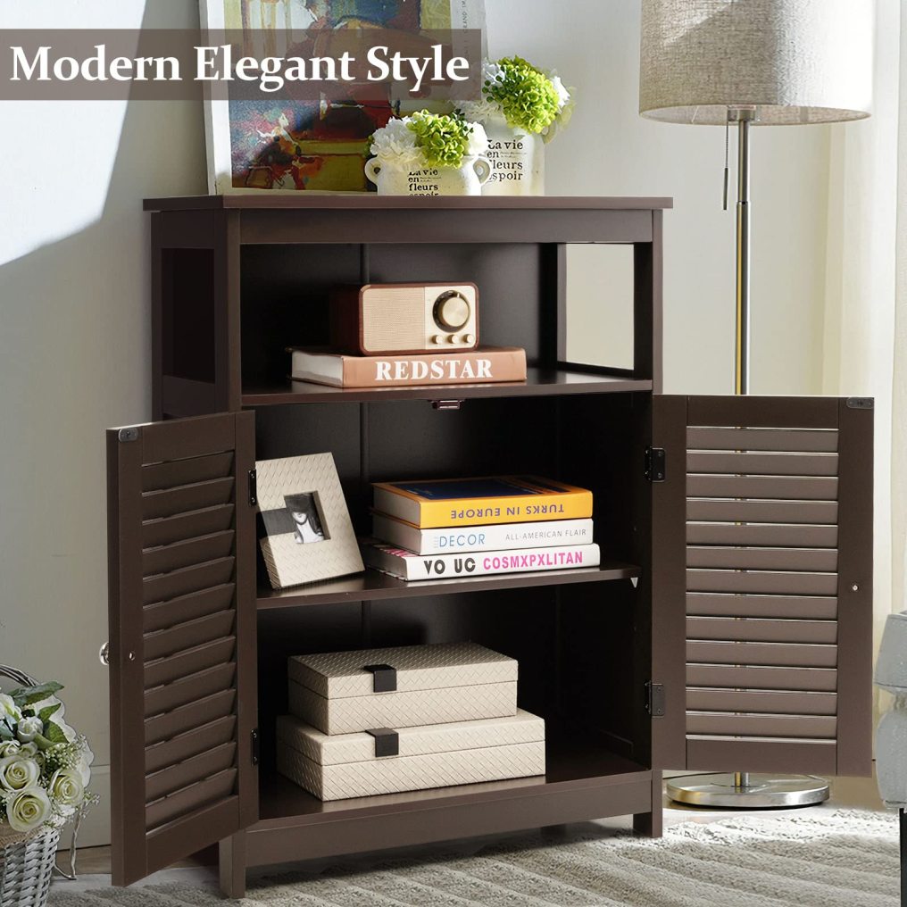 Wooden Side Storage Organizer with Louver Doors & Removable Shelf