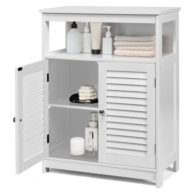 Wooden Side Storage Organizer with Louver Doors & Removable Shelf