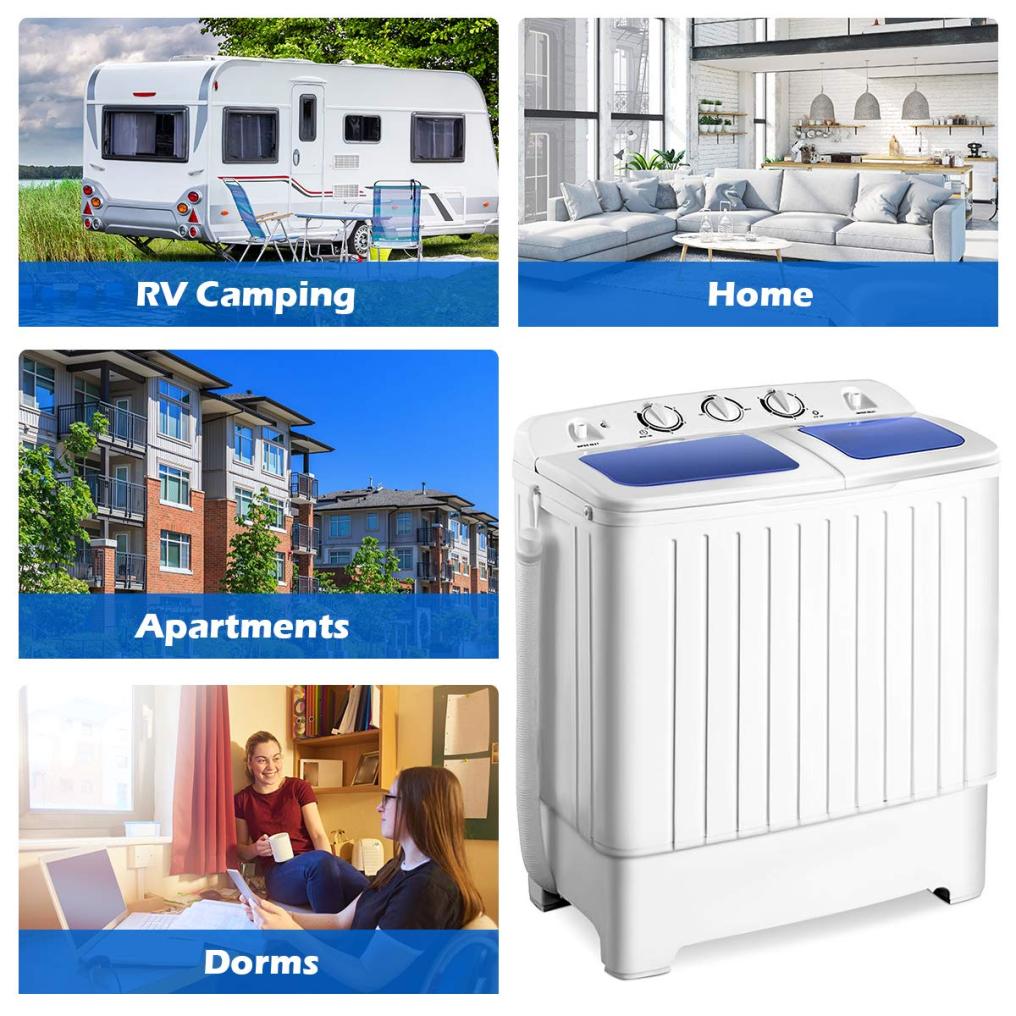 Portable Mini Compact Twin Tub Washing Machine 20lbs Washer Spain Spinner Portable Washing Machine, Blue+ White