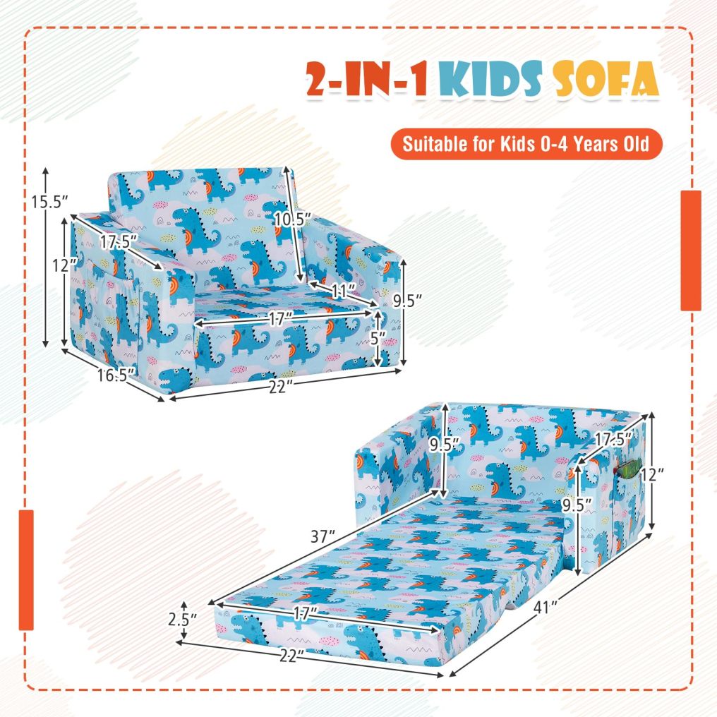 2-in-1 Convertible Sofa to Lounger for Children with Side Storage Pocket Lightweight Toddler Furniture for Boys Girls