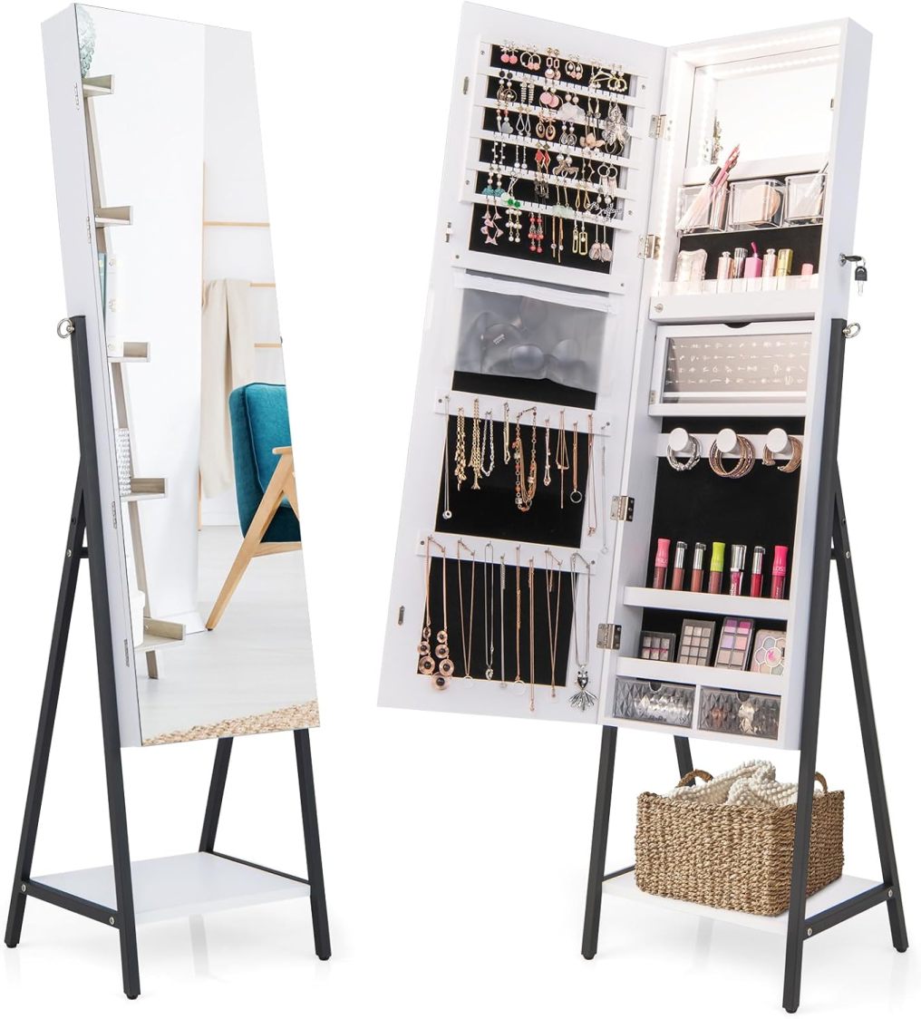 LED Full Length Mirror Jewelry Cabinet Standing Jewelry Organizer Box with 3-Color Lights
