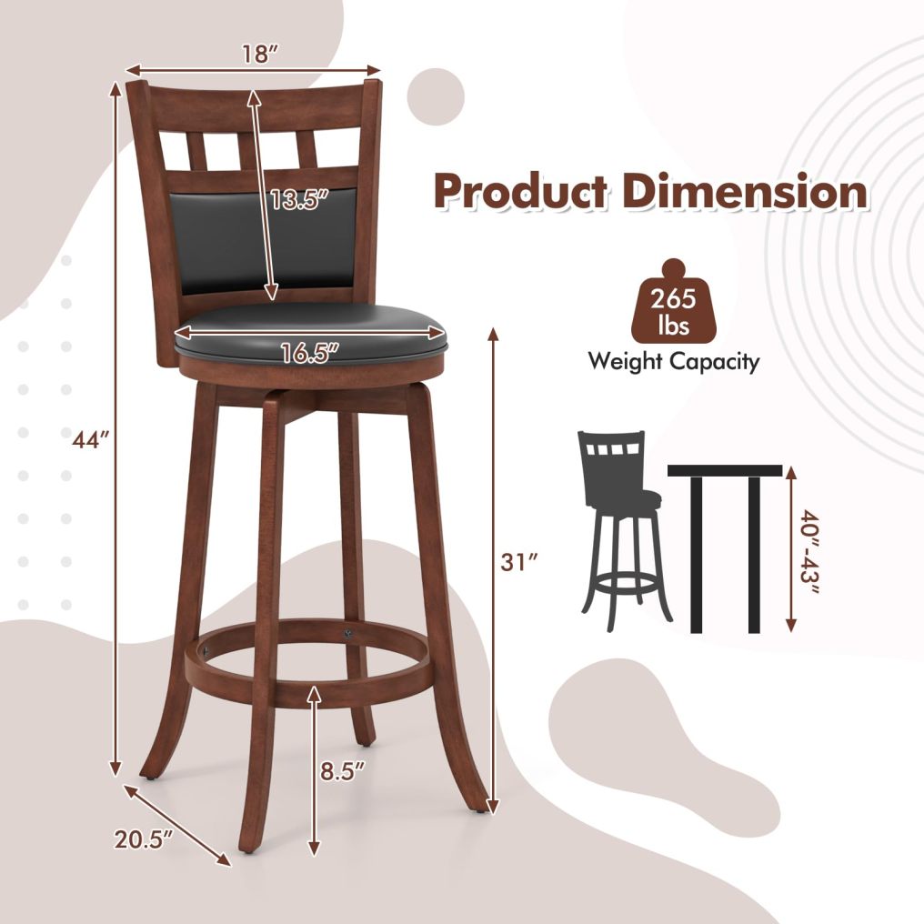 Wood Swivel Bar Height Chairs with Faux Leather Upholstered Seat & Back