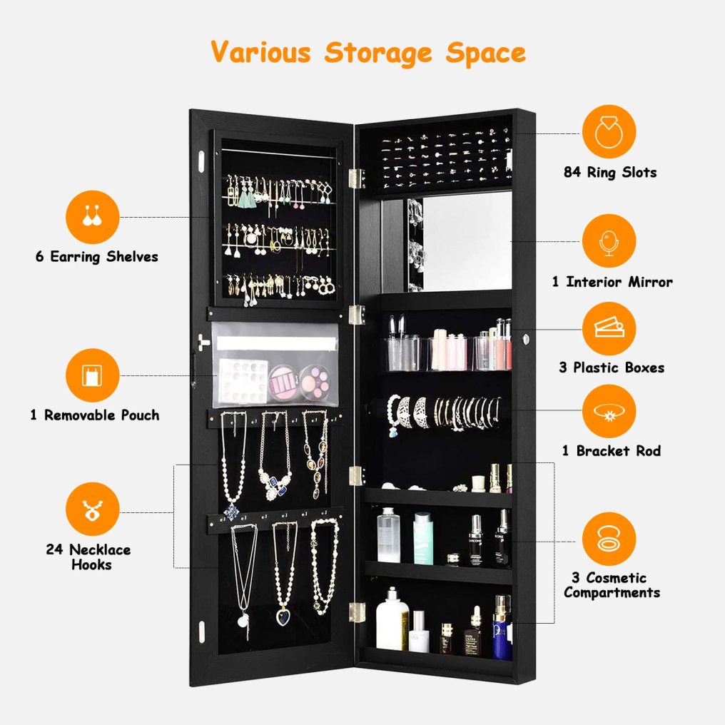 Wall Door Mounted Jewelry Organizer w/Full Length Mirror for Living Room