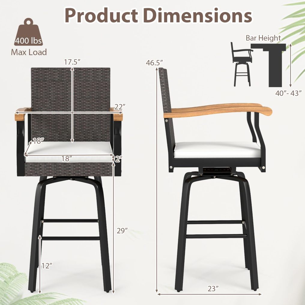 29'' Swivel Rattan Wicker High Top Chairs with Acacia Wood Armrest