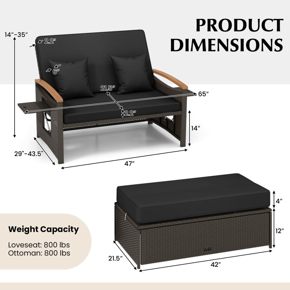 Outdoor Loveseat Sofa with Storage Ottoman for Yard