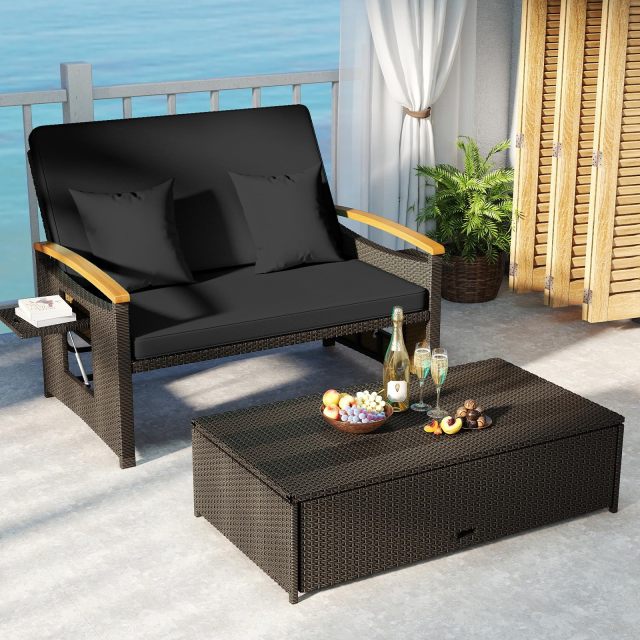 Outdoor Loveseat Sofa with Storage Ottoman for Yard