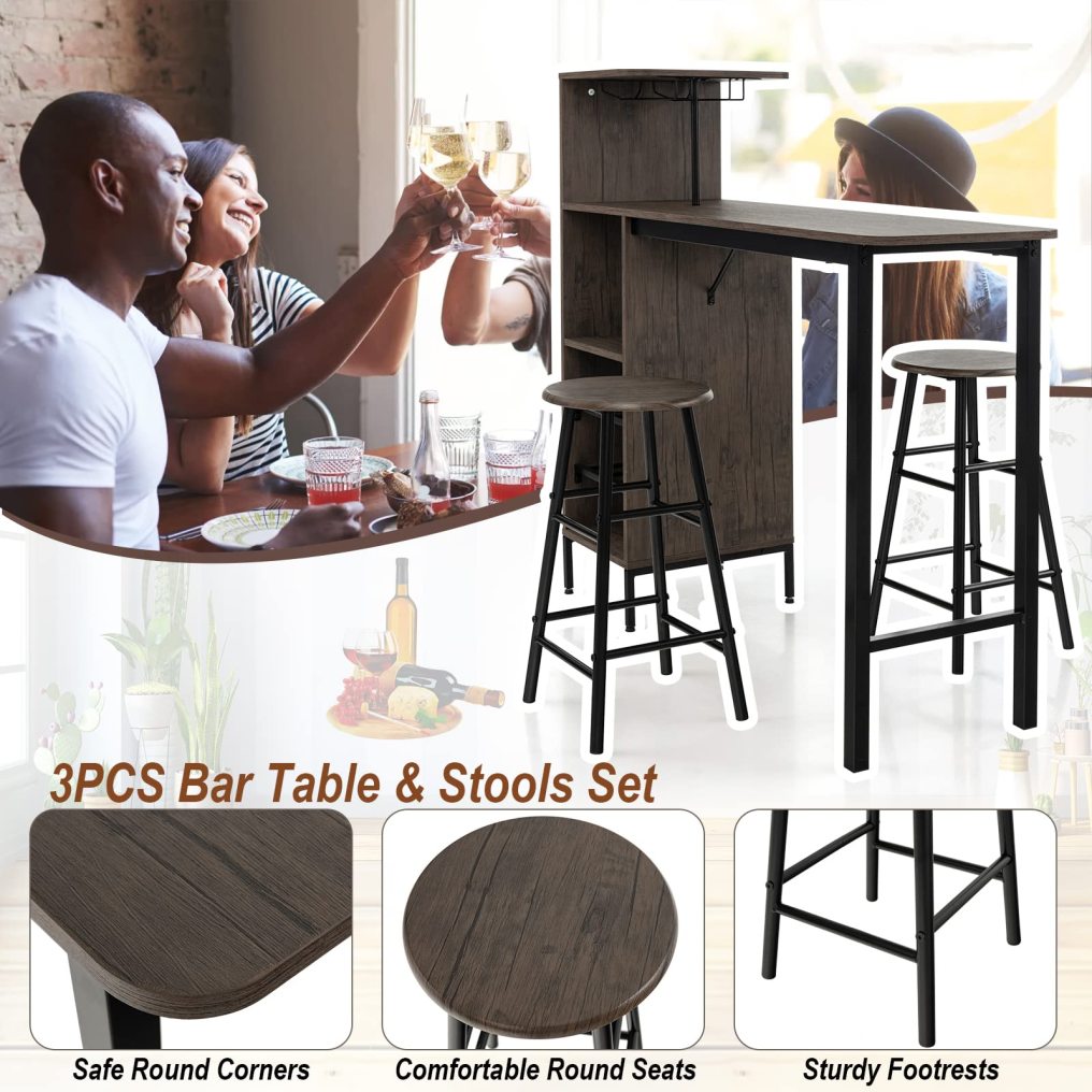 3 Pieces Bar Table and Chair Se Industrial Pub Table & Stools with Wine Glass Holders & 6-Bottle Wine Racks