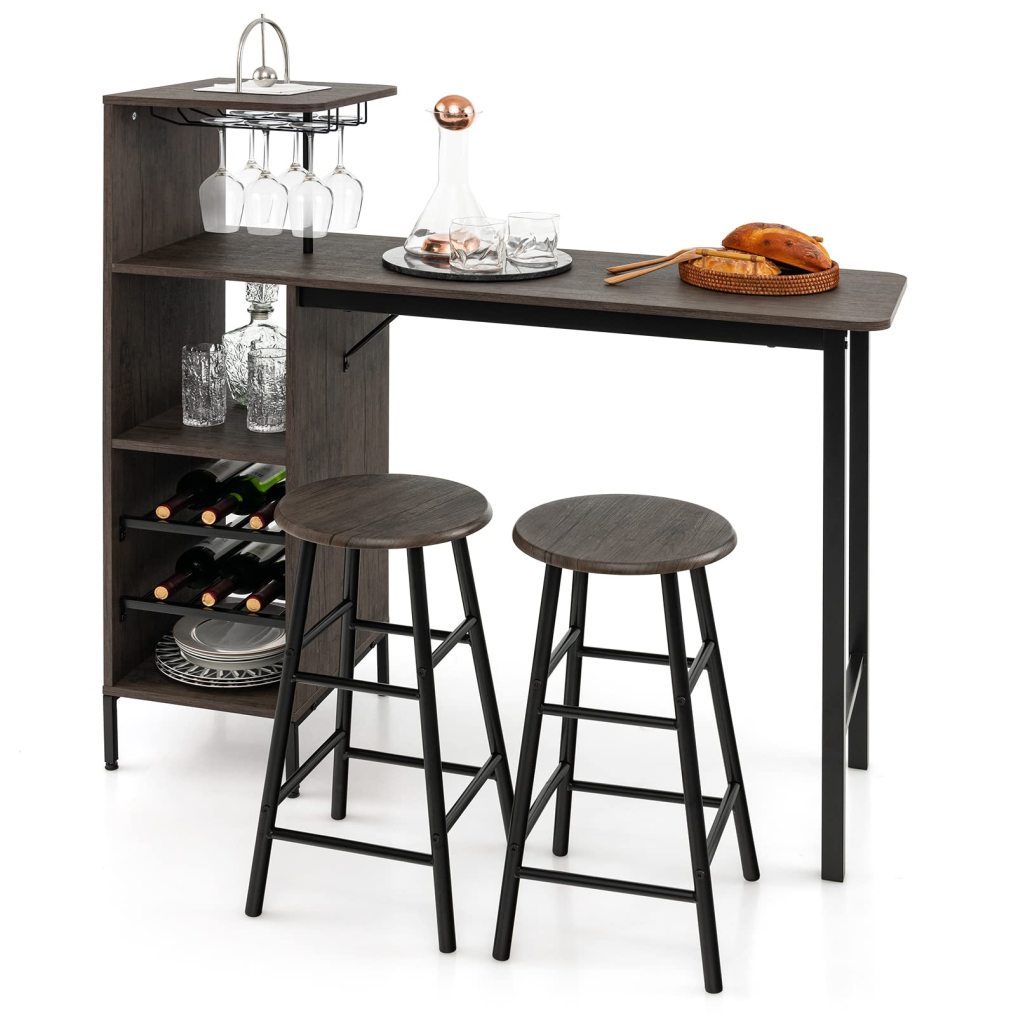 3 Pieces Bar Table and Chair Se Industrial Pub Table & Stools with Wine Glass Holders & 6-Bottle Wine Racks