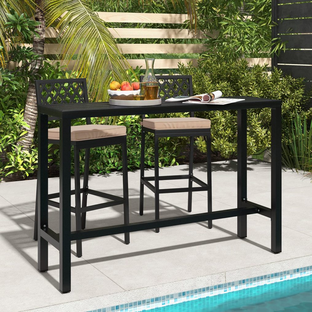 3 Piece Outdoor Bar Table and Chairs Set 48"/55" Pub Height Bar Table & 2 Bar Stools with Rhombus Backrest