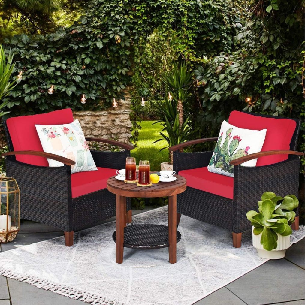 3PCS Patio Rattan Furniture Set with Round Table for Garden Porch Backyard Poolside