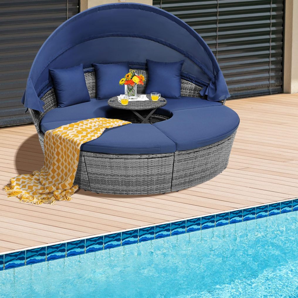 Patio Round Daybed with Retractable Canopy for Patio