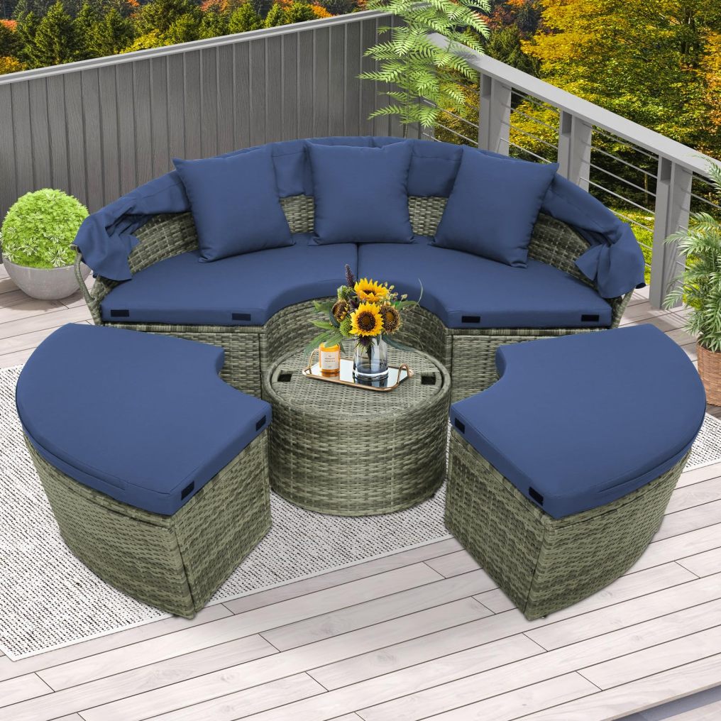 Patio Round Daybed with Retractable Canopy for Patio