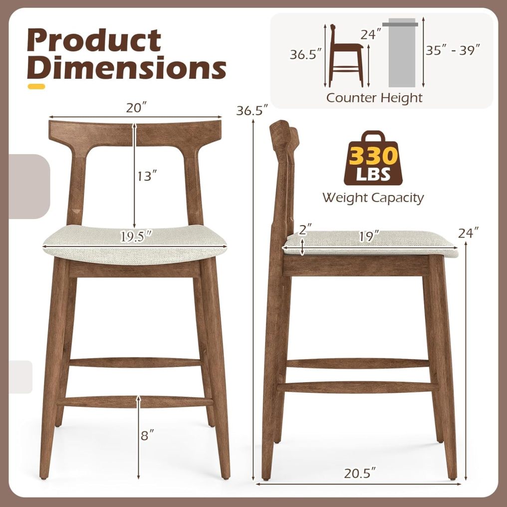 3-Piece Solid Rubberwood Counter Height Farmhouse Dining Set