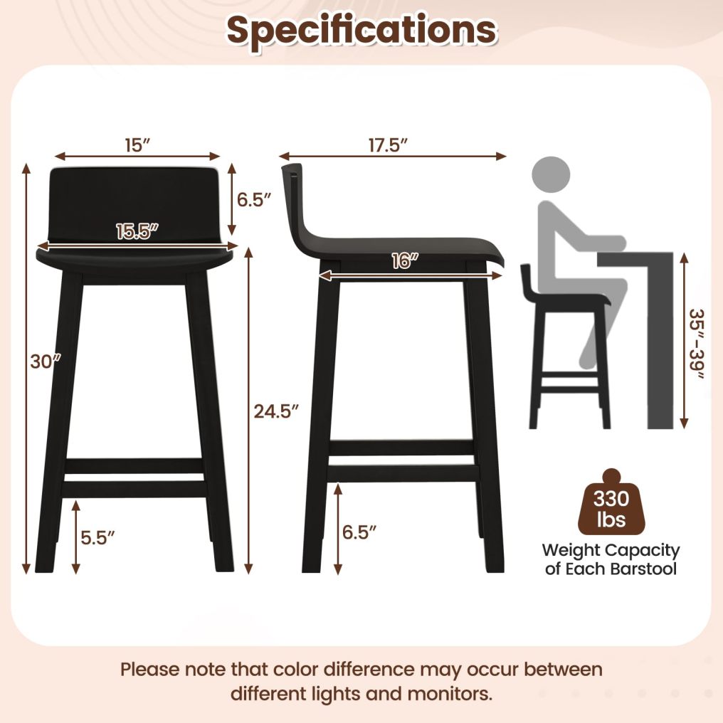 Solid Wood Bar Stools Set of 2/4 24.5-inch Counter Height Chairs