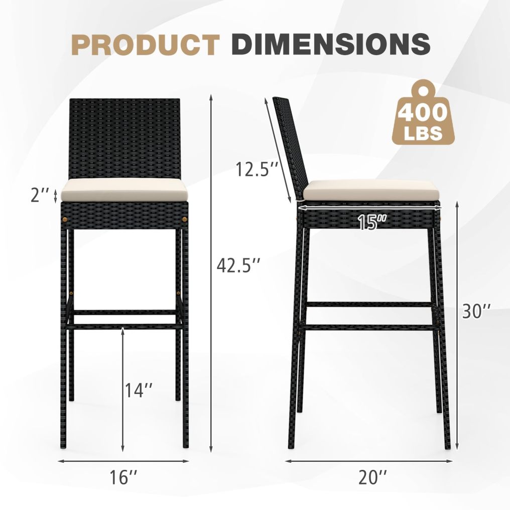 30'' Patio Bar Height Chairs with Cushion for Backyard Poolside Deck