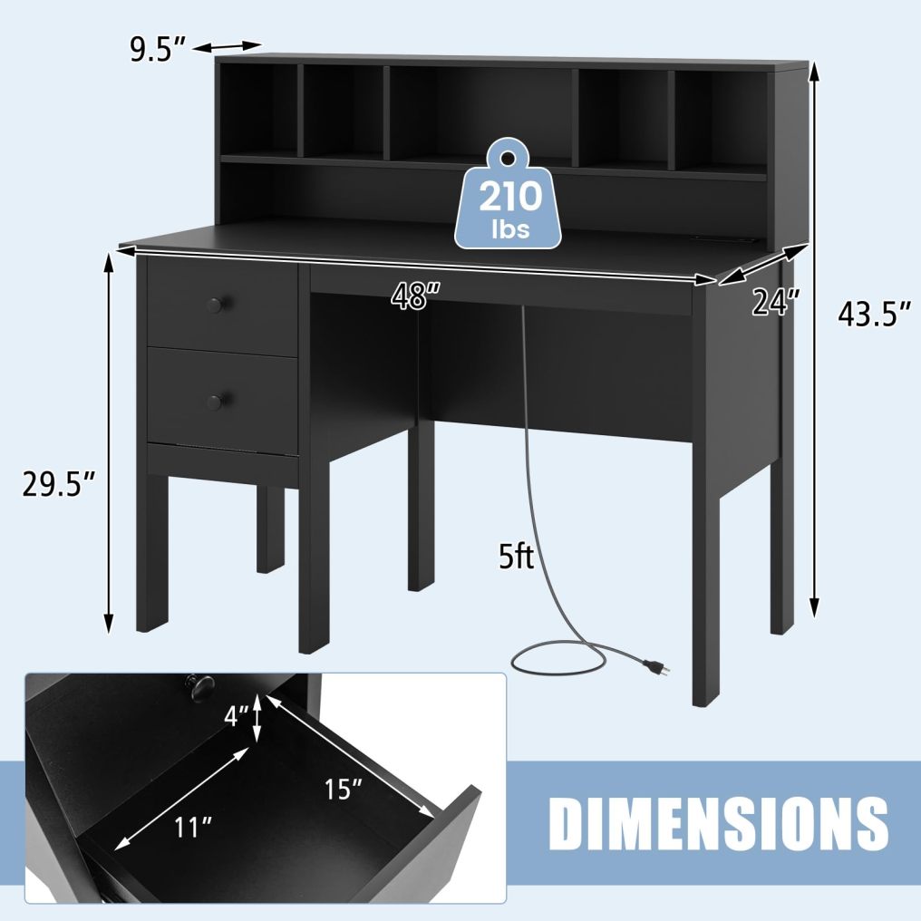 Writing Desk with USB Charging Ports & Power Outlets 48" Computer Desk with Drawers & 5-Cubby Hutch
