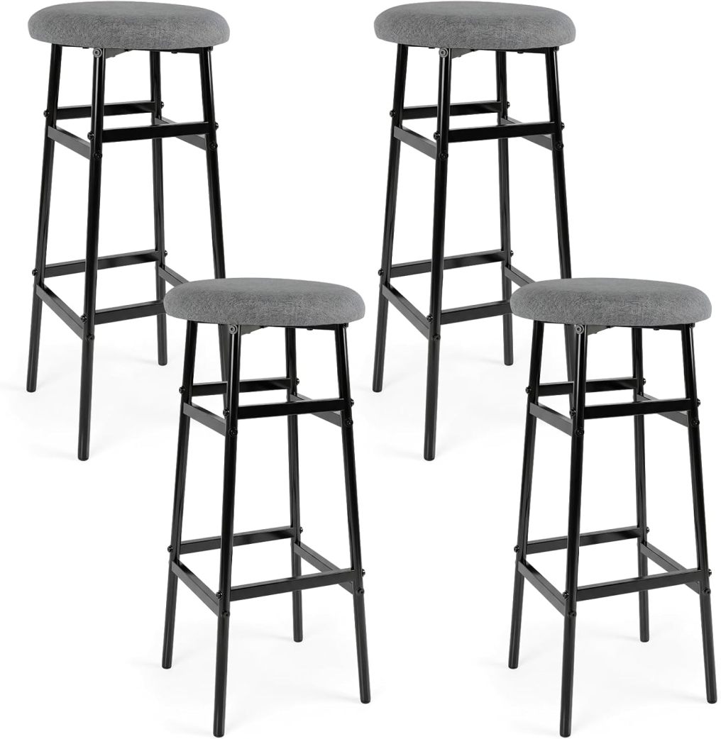 29-inch Metal Round Bar Stools Set of 2/4 Upholstered Backless with Linen Seat