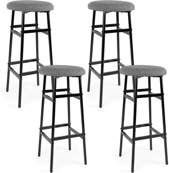 29-inch Metal Round Bar Stools Set of 2/4 Upholstered Backless with Linen Seat