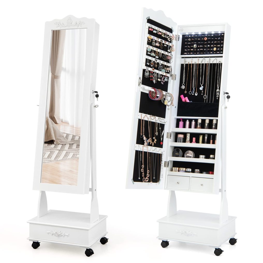 6 LEDs Mirror Jewelry Cabinet with Wheels Floor Standing Jewelry Armoire for Living Room Bedroom