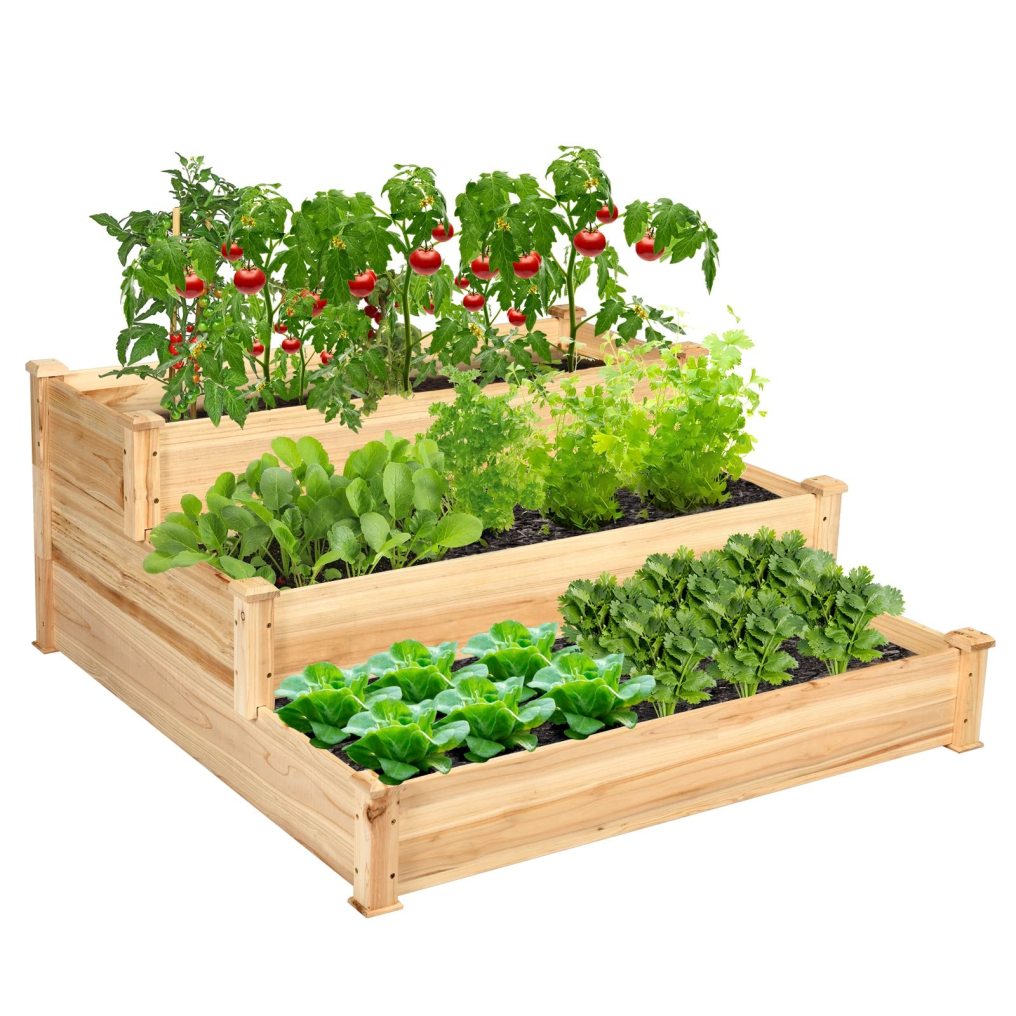 3-Tier Wooden Elevated Planter Box for Vegetables Flowers Herbs Fruits