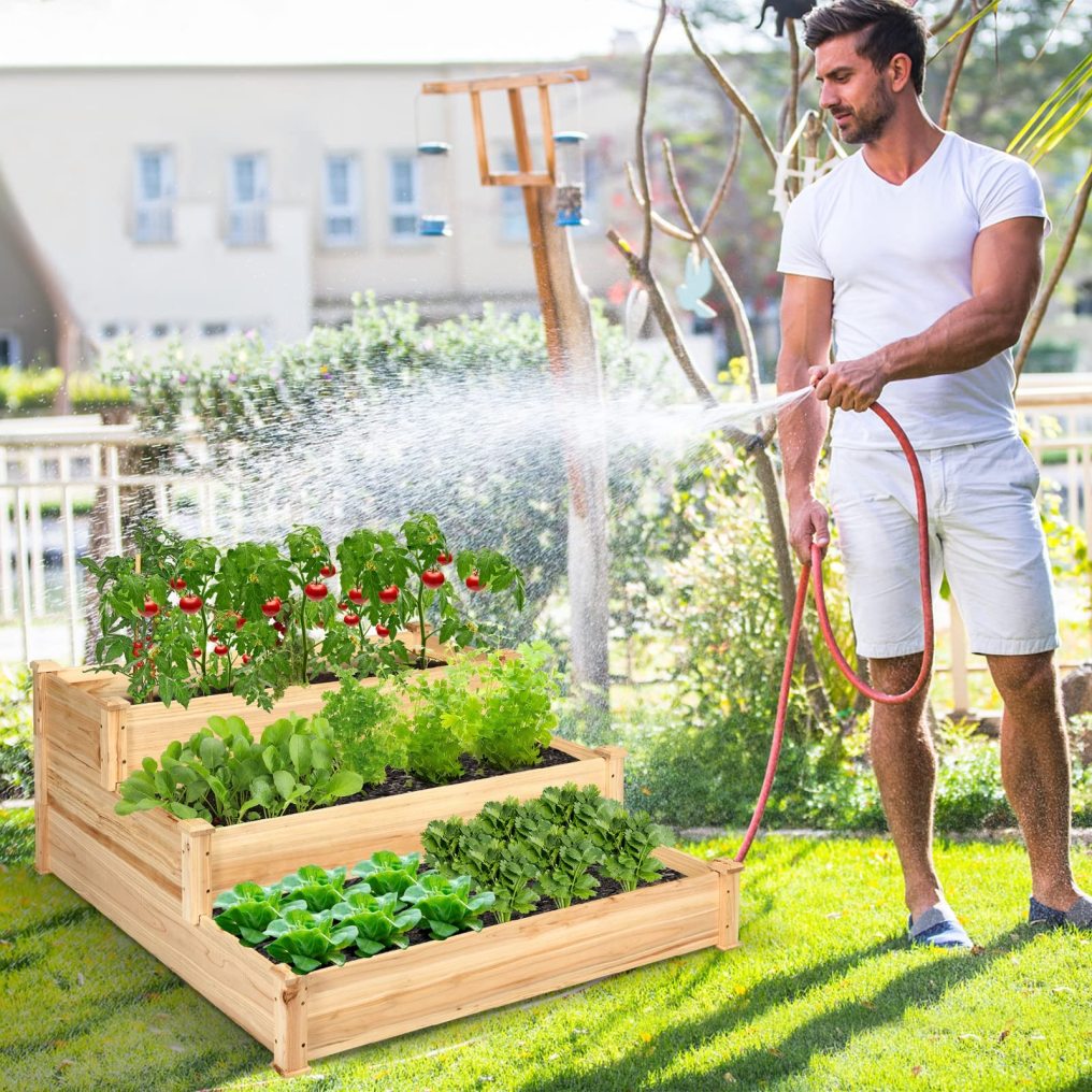 3-Tier Wooden Elevated Planter Box for Vegetables Flowers Herbs Fruits