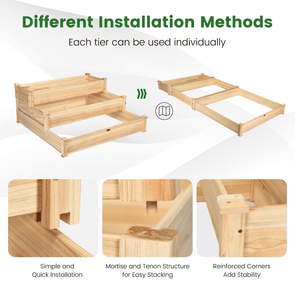 3-Tier Wooden Elevated Planter Box for Vegetables Flowers Herbs Fruits