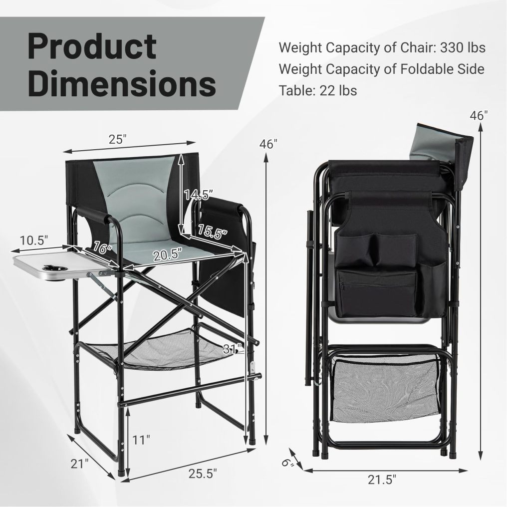 46" Tall Directors Chair Folding Makeup Artist Chair with Foldable Side Table & Footrest