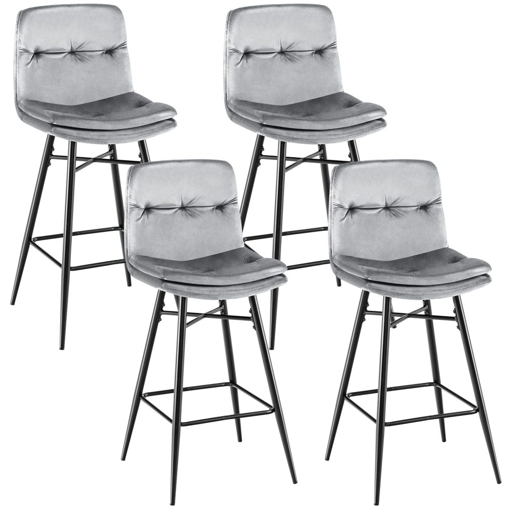 Velvet Bar Stools with Tufted Back Metal Footrests and Legs Modern Upholstered High Bar Chairs