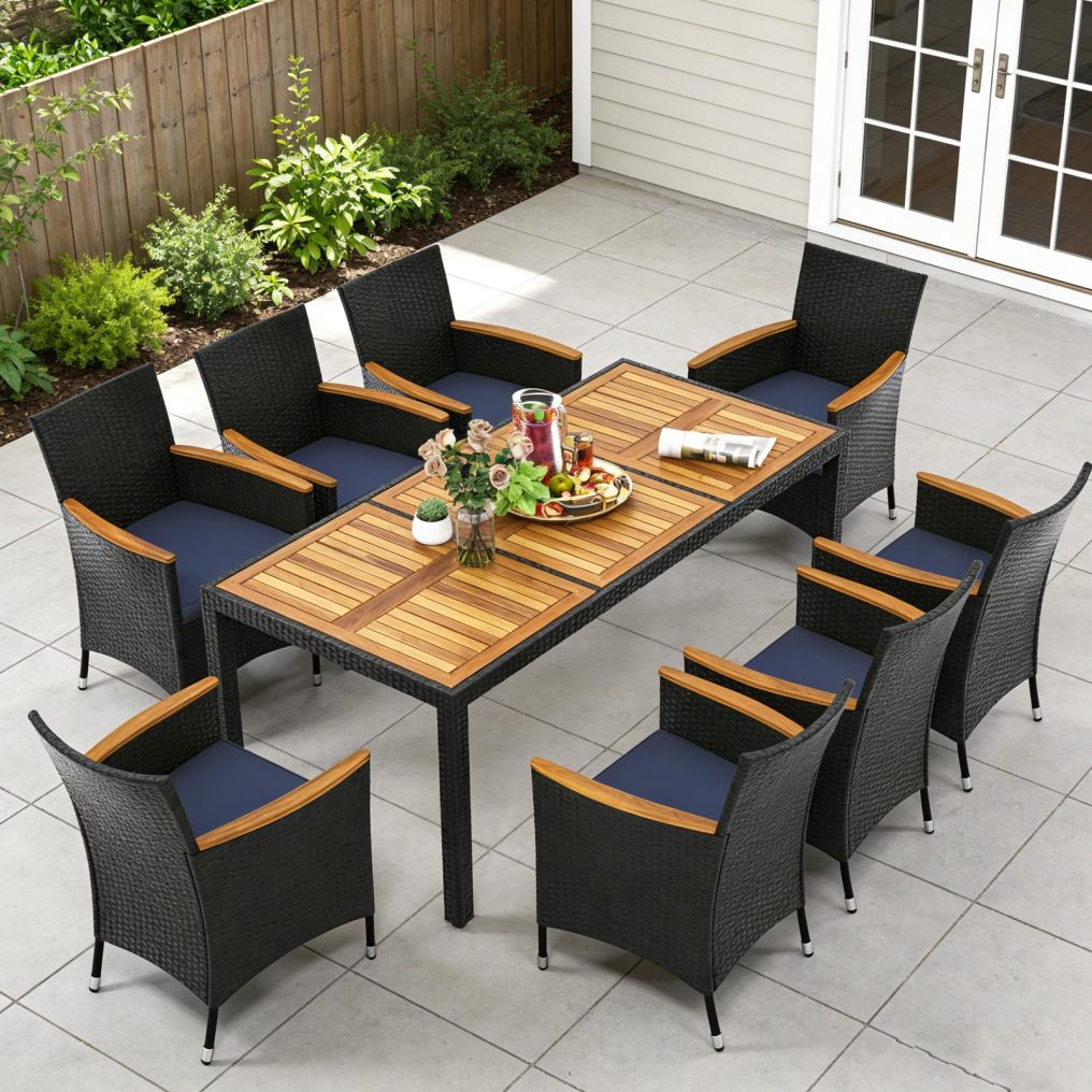 9 Piece Outdoor Rattan Wicker Table and Chairs Furniture Set with Umbrella Hole