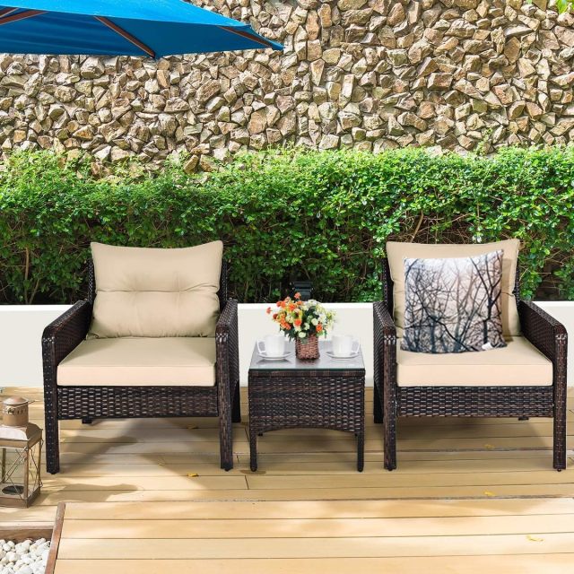 3PCS Patio Furniture Set, Outdoor Wicker Cushioned Sofa Set