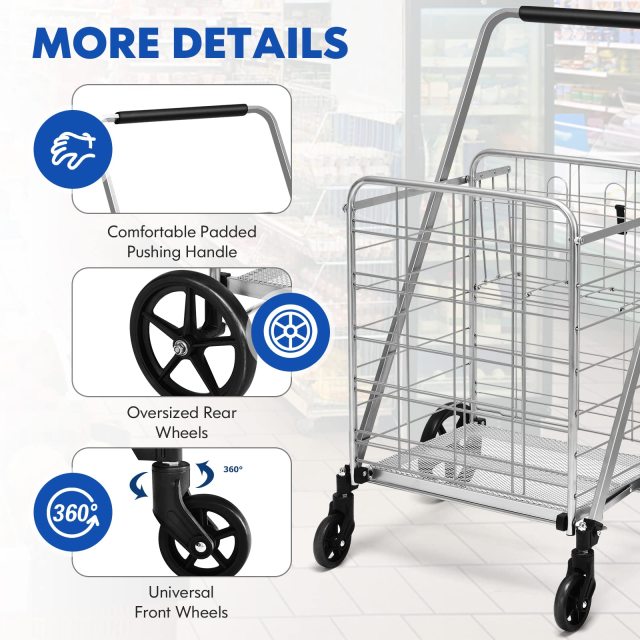 Folding Shopping Cart Extra Jumbo Double Basket Grocery Cart with 360° Swivel Rolling Bearing Wheels