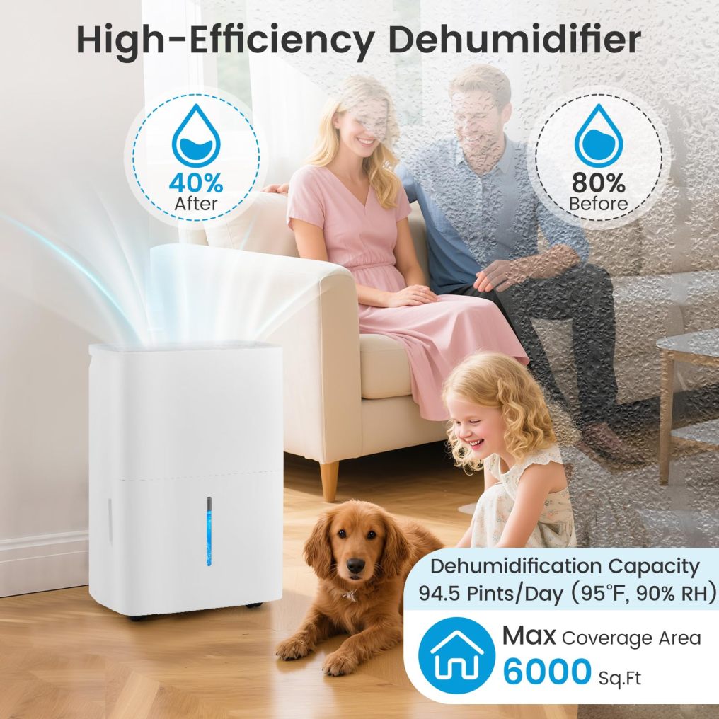 6000 Sq.Ft Portable Large Home Dehumidifier for Basements with 2 Modes & 3 Fan Speeds