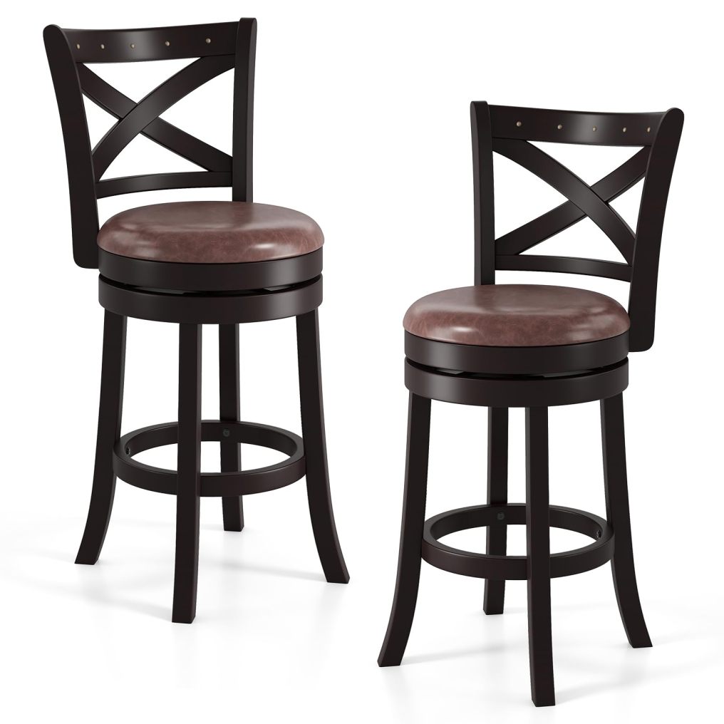 26" Swivel Counter Height Bar Chairs with Copper Nails Upholstered Seat Solid Rubber Wood Frame