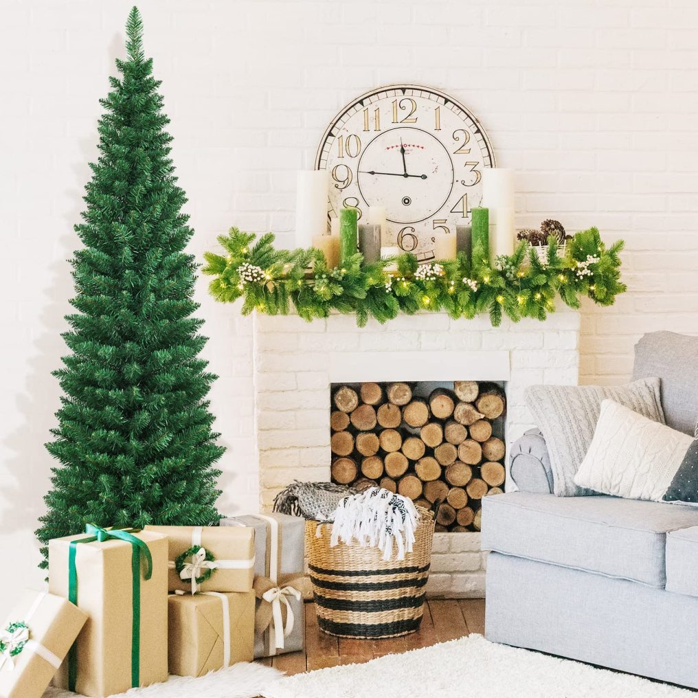 6FT Pencil Christmas Tree Slim Skinny Hinged Pine Tree with PVC Material