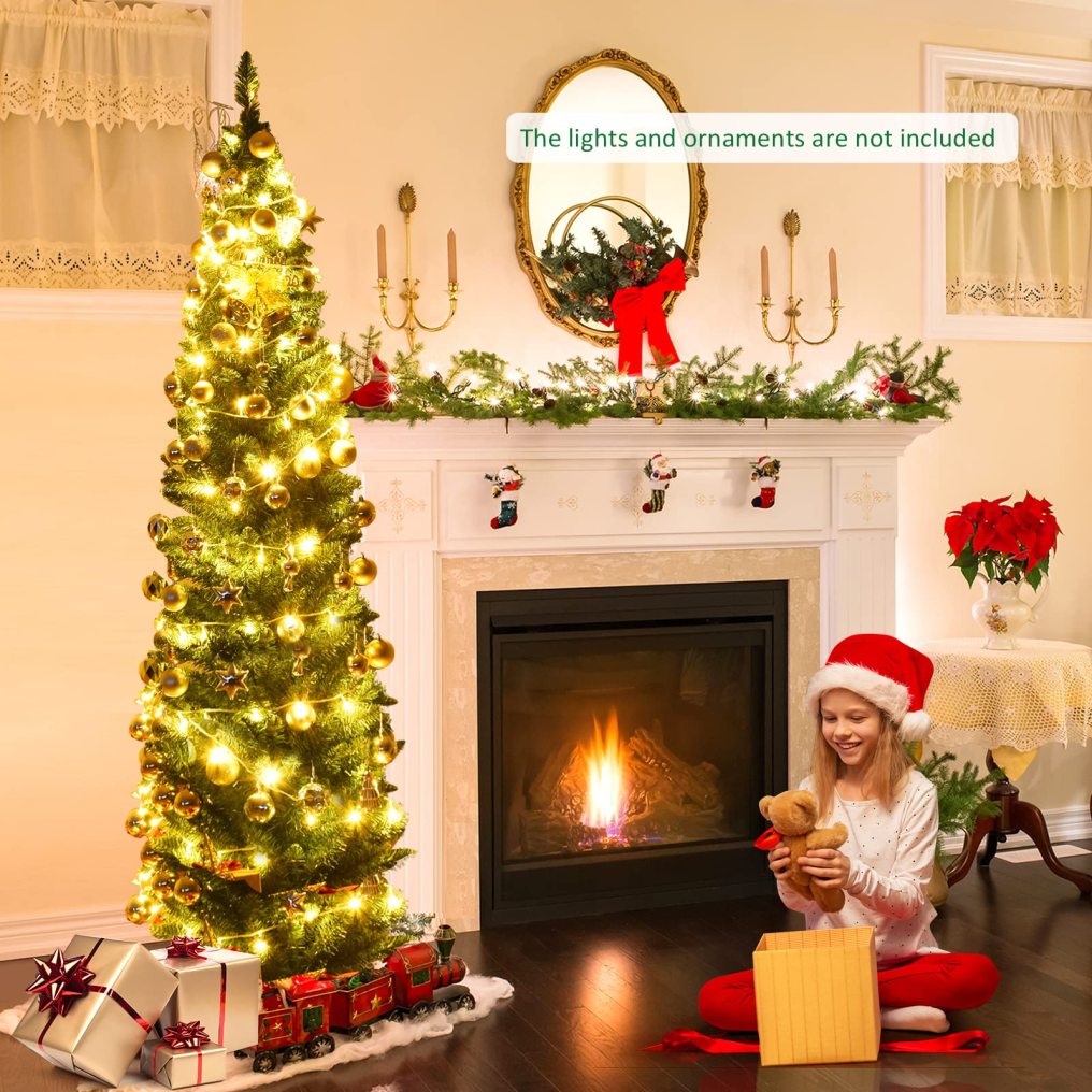 6FT Pencil Christmas Tree Slim Skinny Hinged Pine Tree with PVC Material