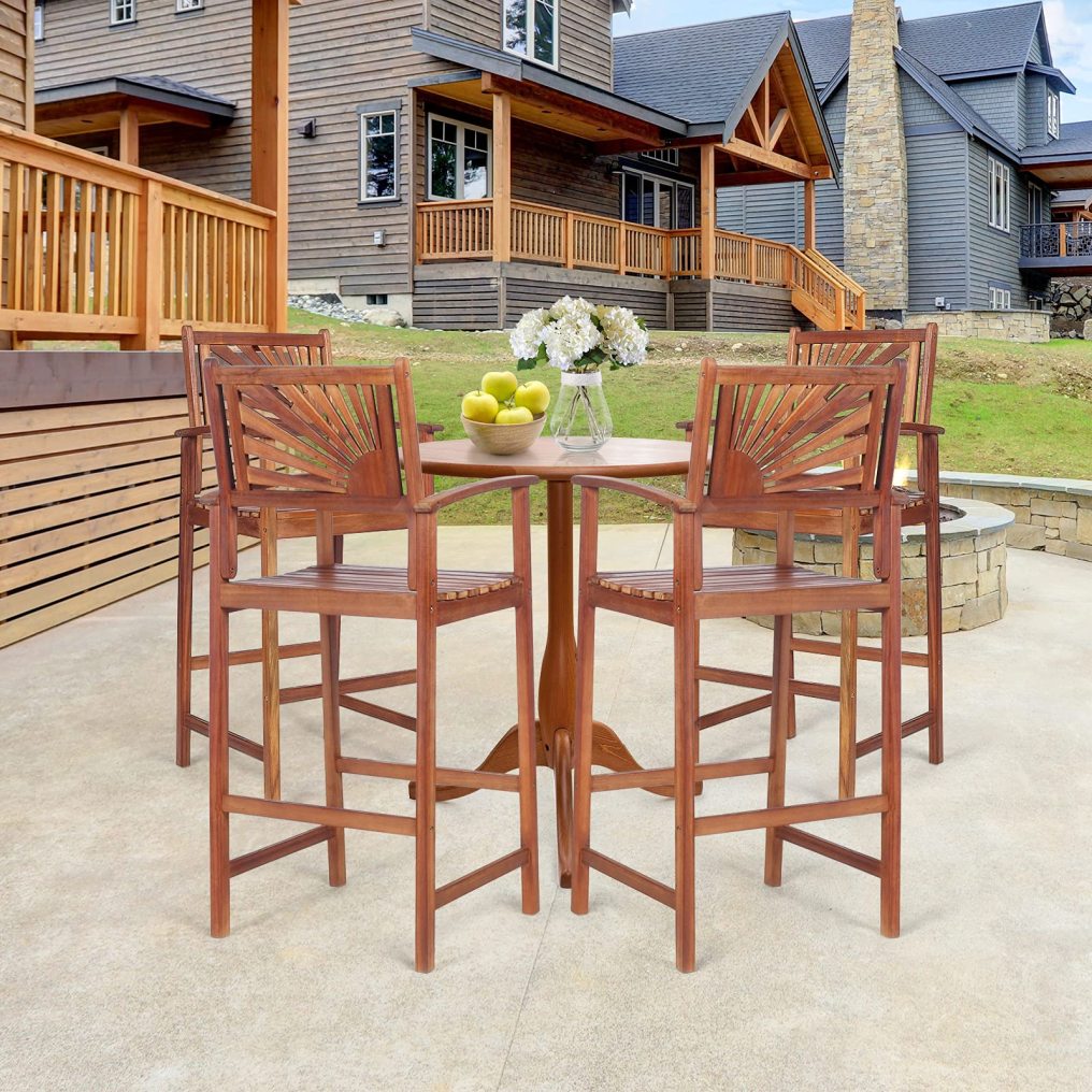 Patio Bar Stools Set Outdoor Acacia Wood Bar Chairs with Sunflower Backrest
