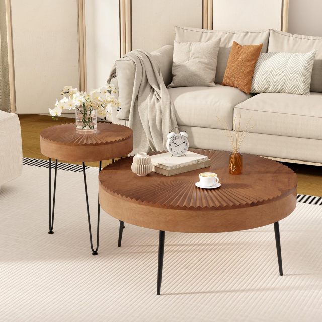 Farmhouse Round Coffee Table Set of 2 Rustic Sofa Side Tea Tables w/Wood Finish