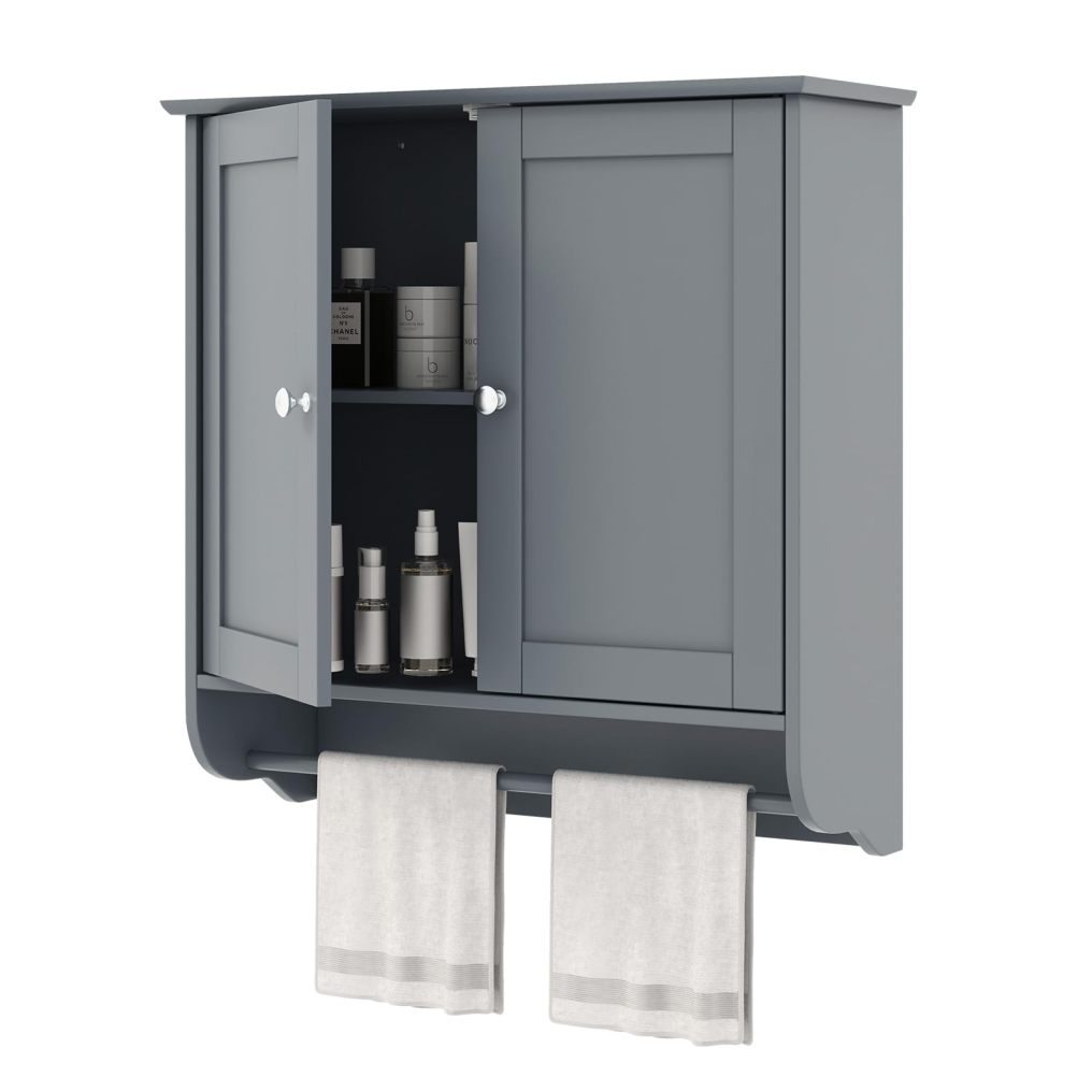 Bathroom Wall Cabinet Over The Toilet Storage Cabinet w/ 2 Doors Adjustable Shelf and Towel Bar