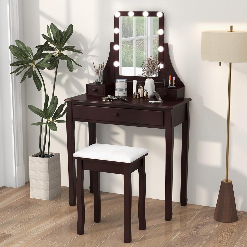 Vanity Desk with Lights 2-in-1 Makeup Table Dressing Table Set with 3 Drawers