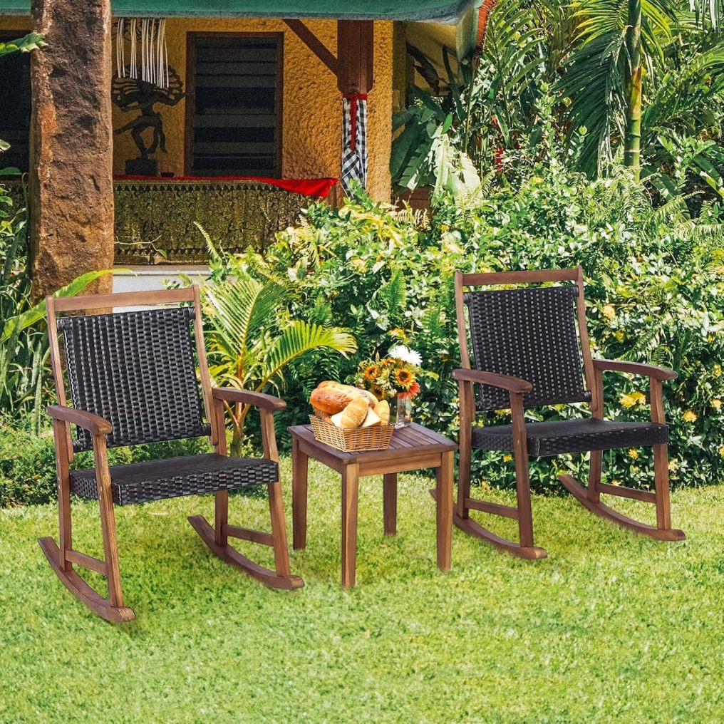 3 Pieces Patio Rocking Chair Set with Acacia Wood Frame Armrest
