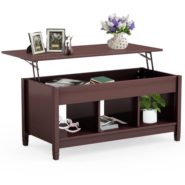Lift Top Coffee Table with Hidden Storage Compartment & 3 Open Shelves