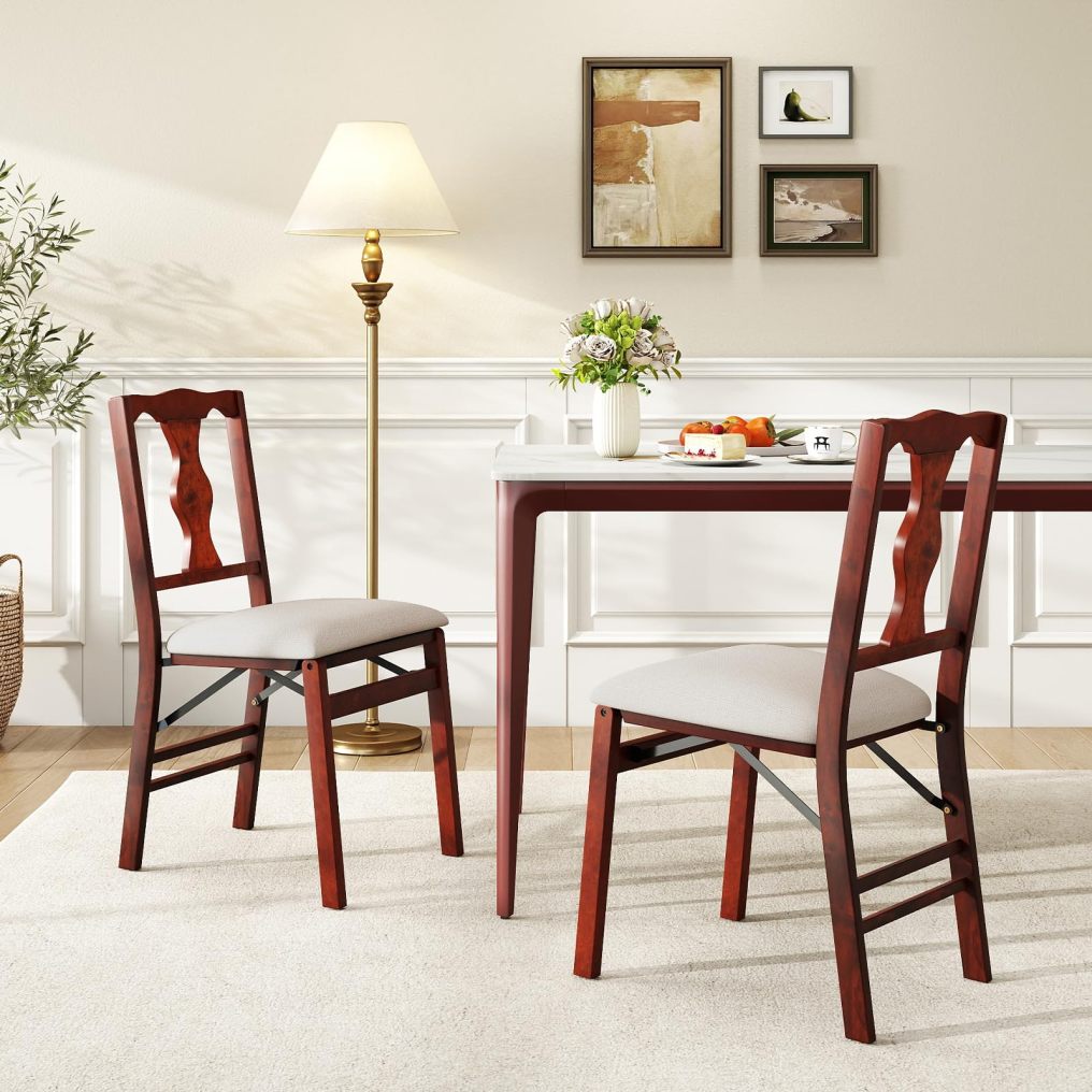 Folding Linen Fabric Upholstered Kitchen Chairs with Rubber Wood Frame and Padded Seat (2/4)