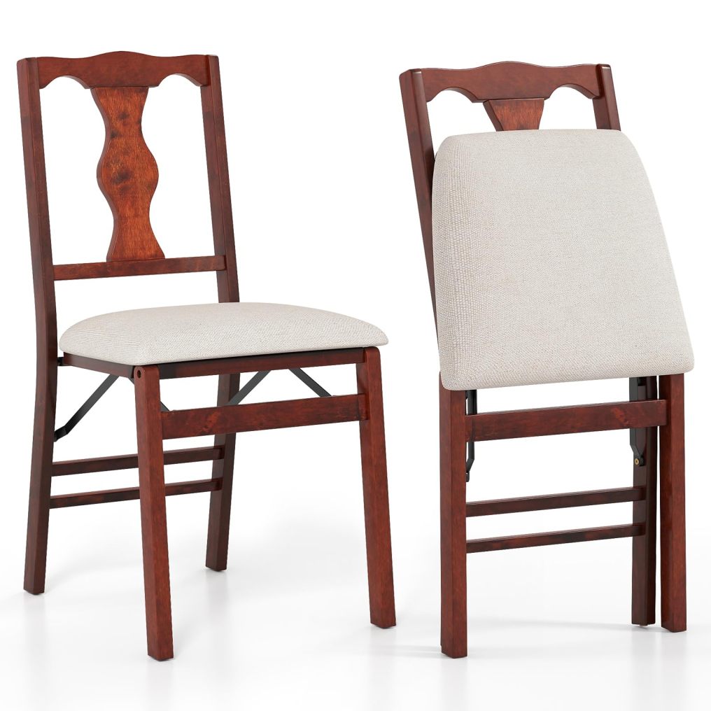 Folding Linen Fabric Upholstered Kitchen Chairs with Rubber Wood Frame and Padded Seat (2/4)