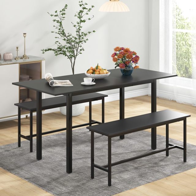 63” Extendable Kitchen Table Set with 2 Benches for Small Space