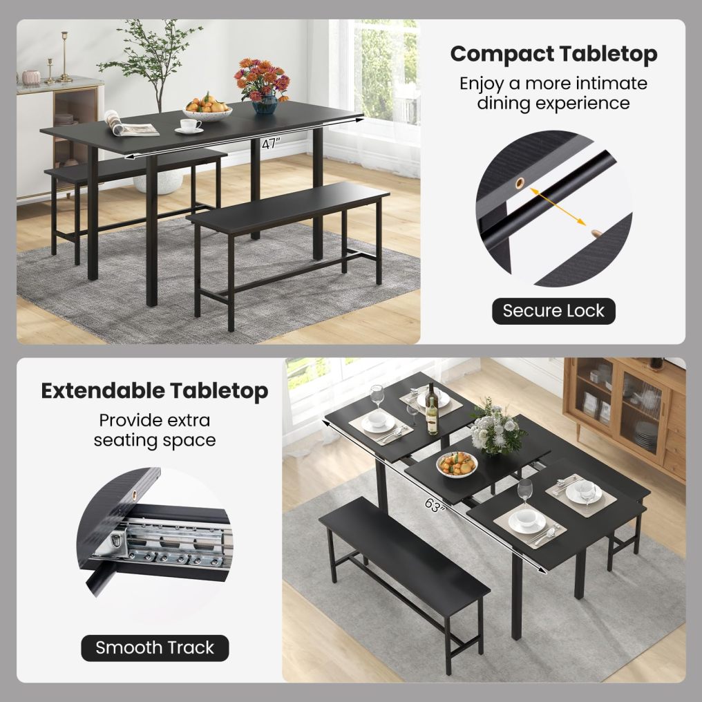 63” Extendable Kitchen Table Set with 2 Benches for Small Space