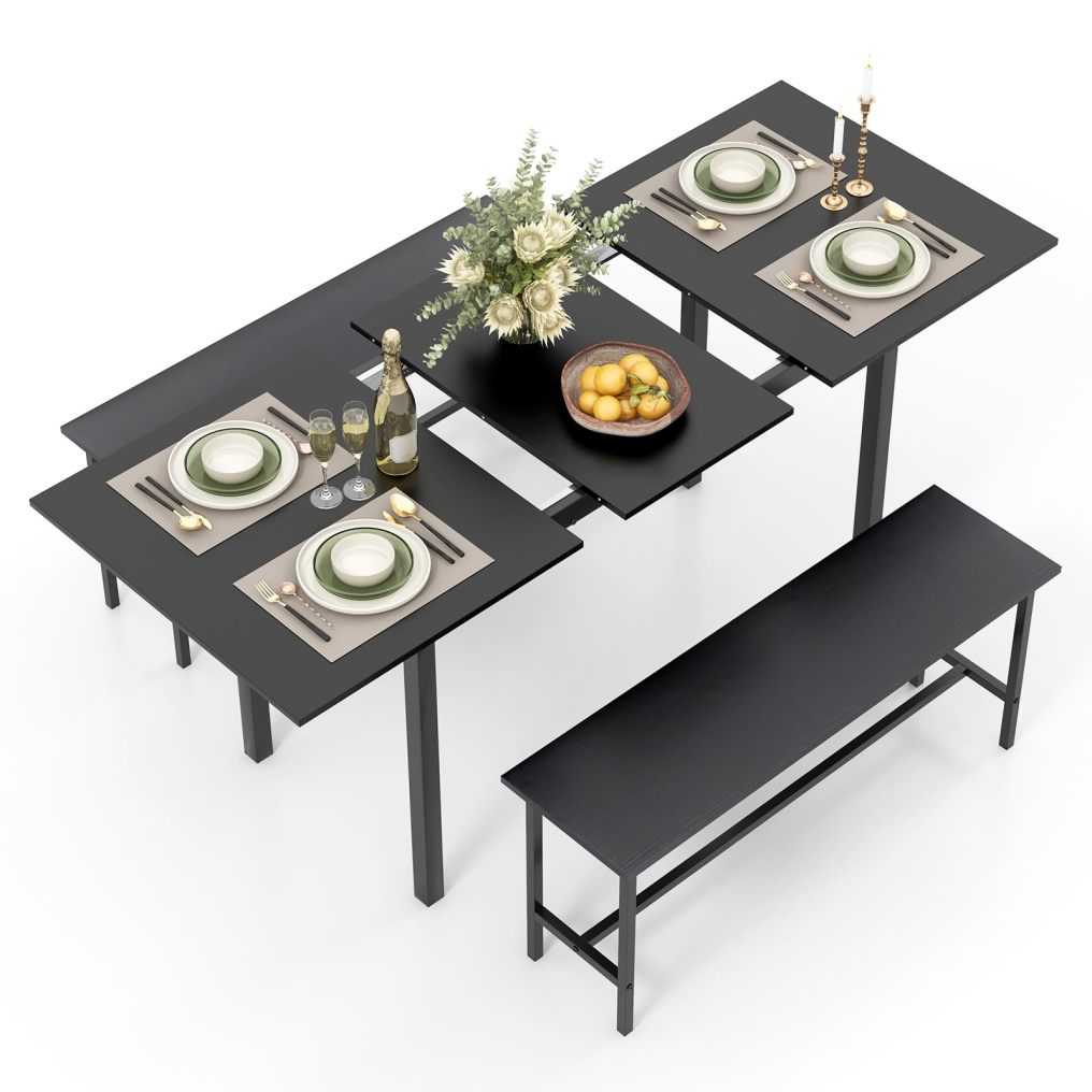 63” Extendable Kitchen Table Set with 2 Benches for Small Space