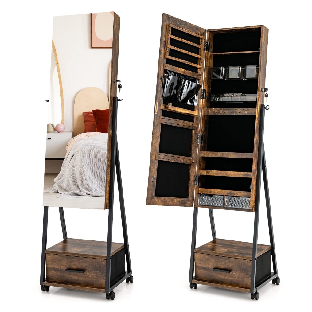 Mirror Jewelry Cabinet with Wheels Standing Full-length Mirror with Jewelry Storage